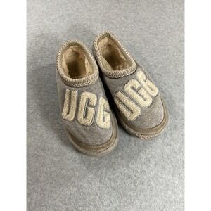 UGG Tasman Grey Jersey Knit Logo Slippers Sheepskin Lined Grey Cream Womens